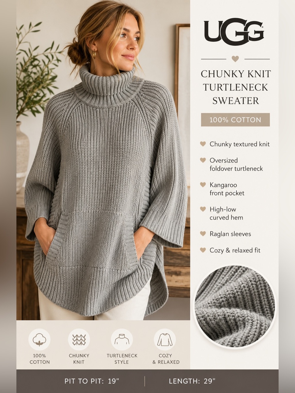UGG Chunky Knit Foldover Turtleneck poncho - Light Gray